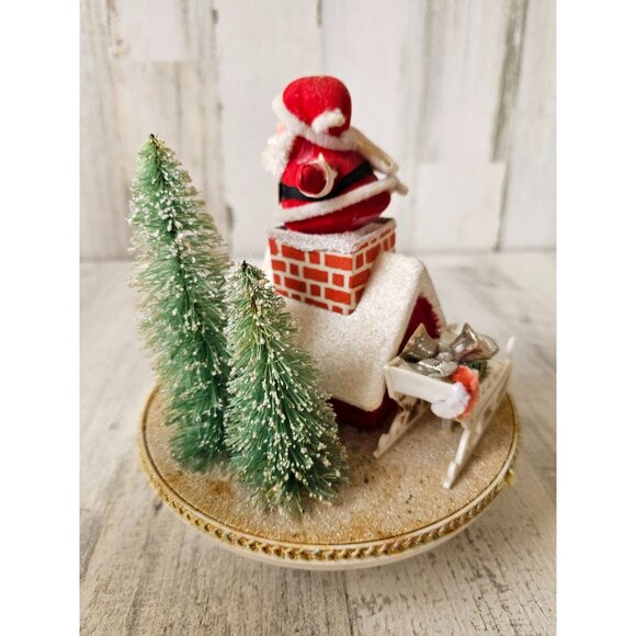 Antique Santa musical rotating house flocked Xmas tree reindeer decor - Picture 3 of 8